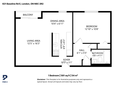 Floor plan for 1 bed, 1 bath, 581 sqft